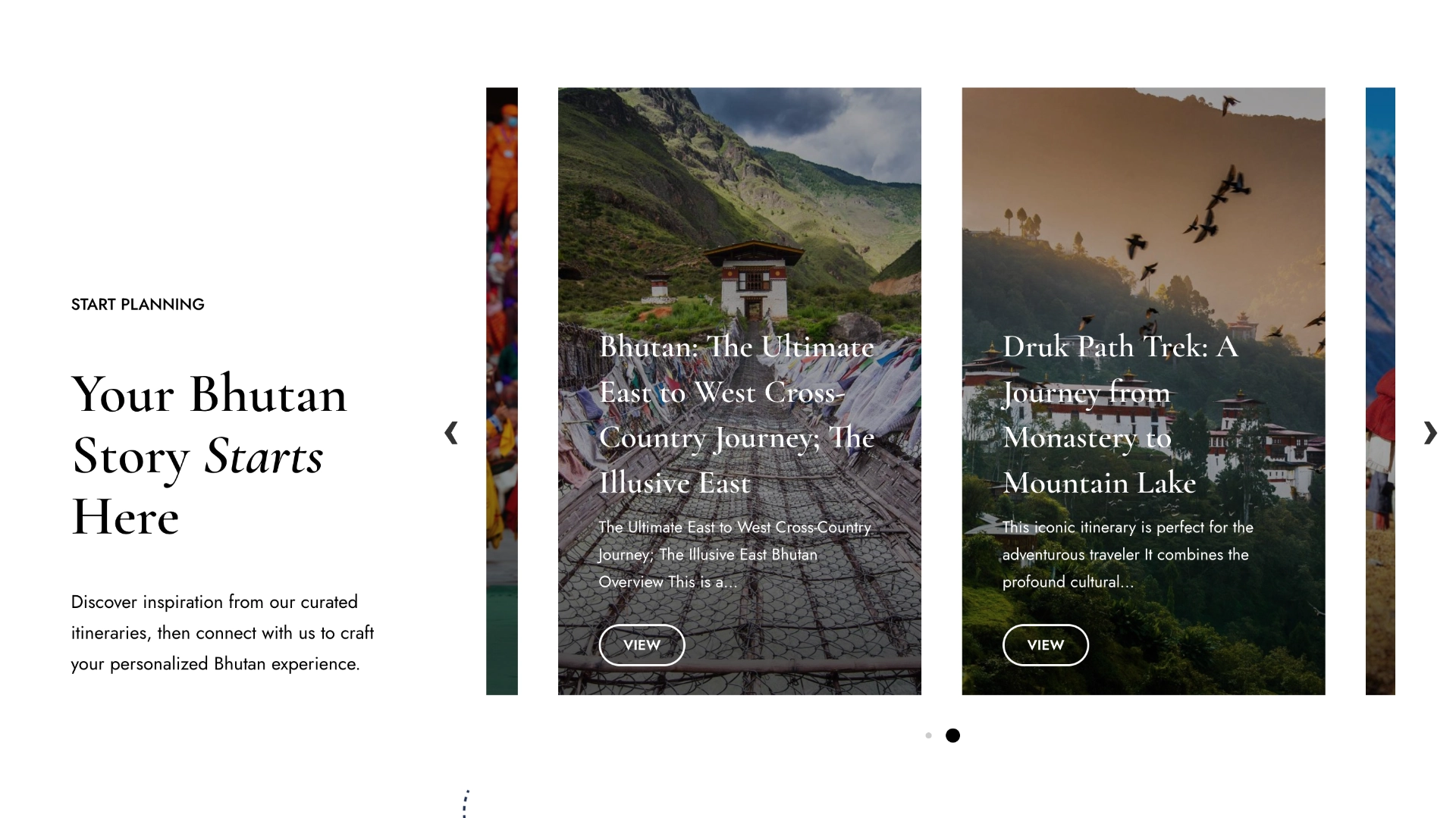 The curated itineraries section featuring expert-crafted journeys through Bhutan's sacred valleys