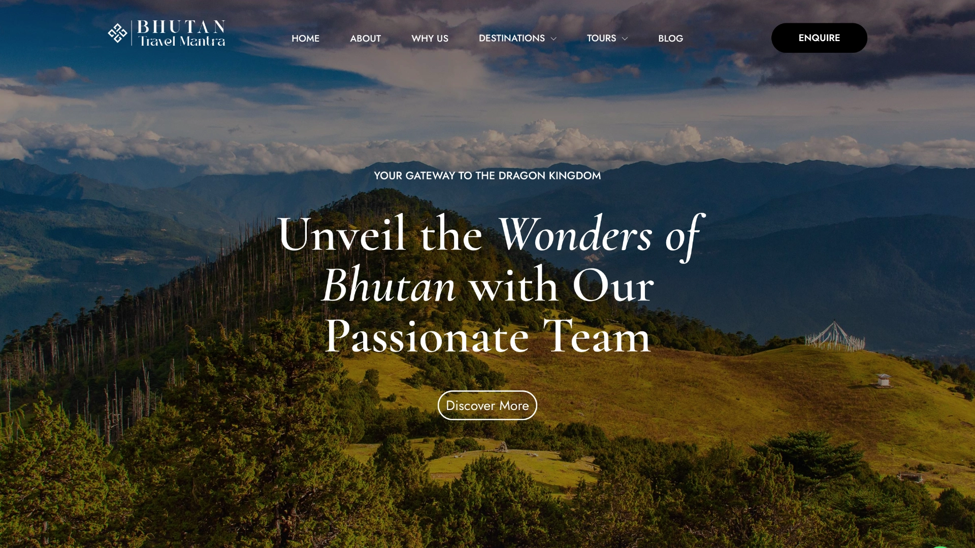 The hero section of Bhutan Travel Mantra showcasing dramatic Himalayan landscapes with modern minimal design