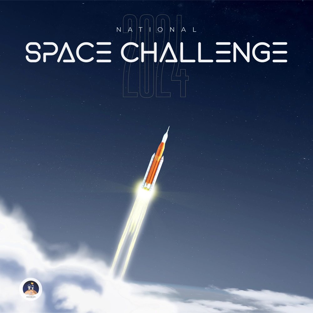 The poster showcasing a rocket flying through space which was designed for National Space Challenge 2024 for youths to develop DIY rockets.