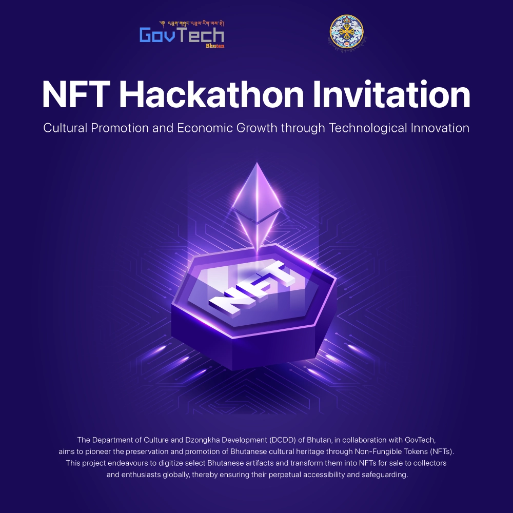 The poster showcasing an ethereum standing on top of NFT which was designed for NFT Hackathon for cultural promotion and economic growth.