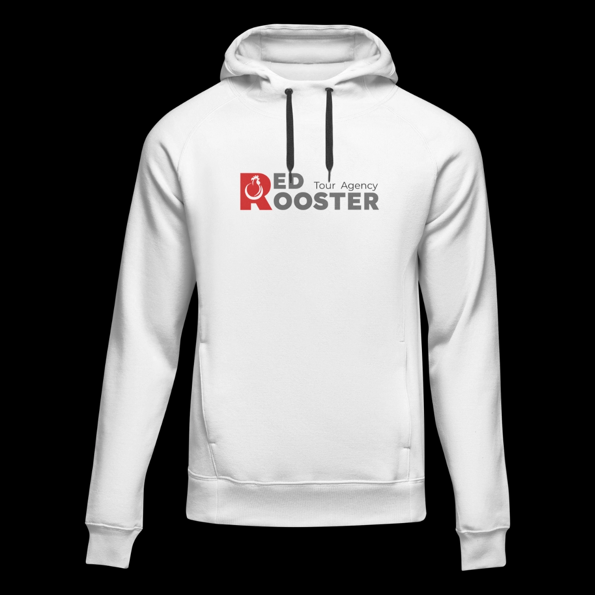 A mockup hoodie with the new logo for Red Rooster tours and travel.