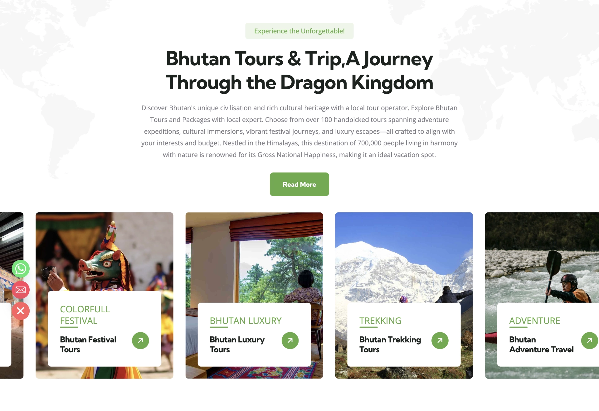 Tour Bhutan home page showcasing the tour packages in a minimal design.