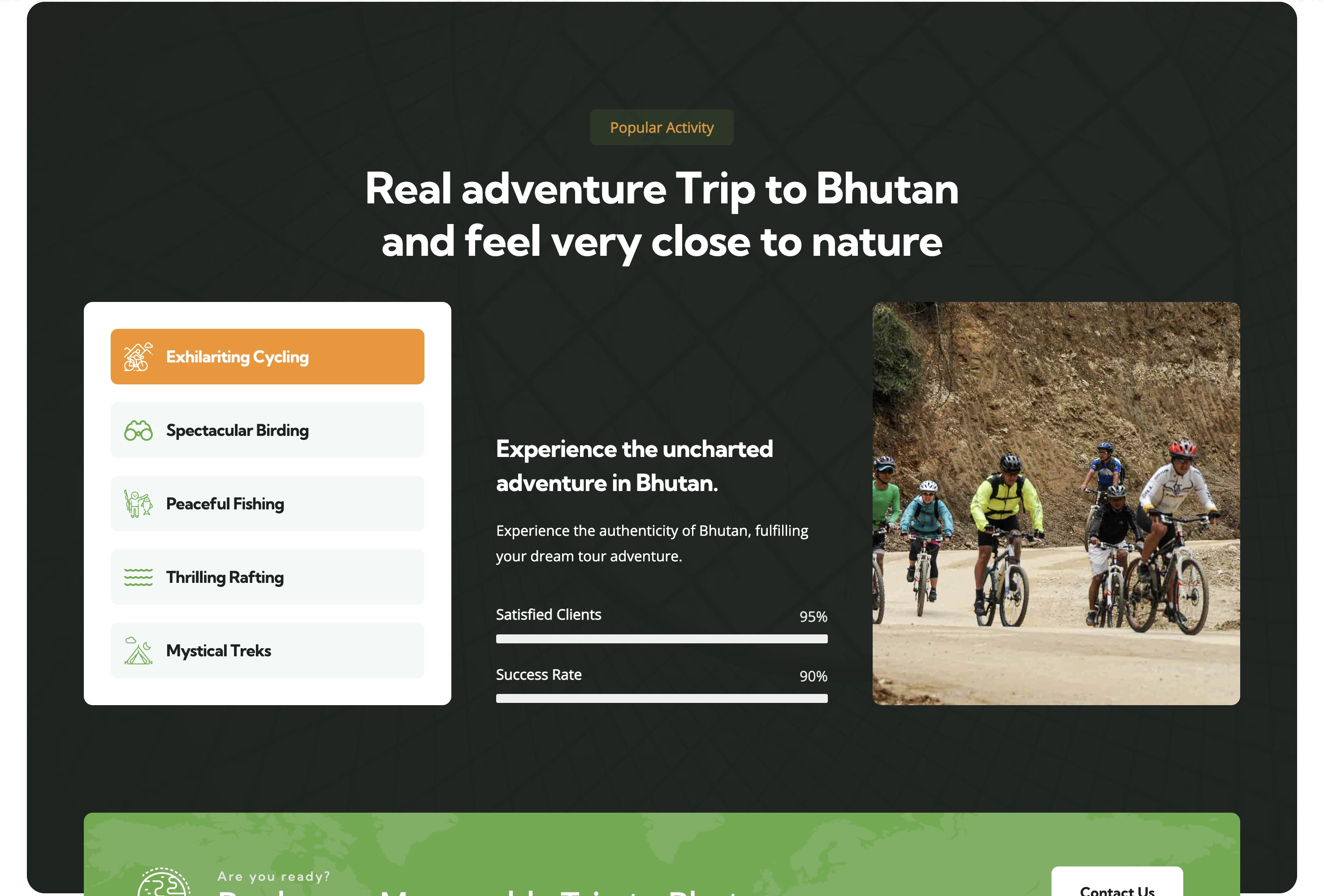 Tour Bhutan CTA section showcasing the metric of satisfied clients and category of tour packages.